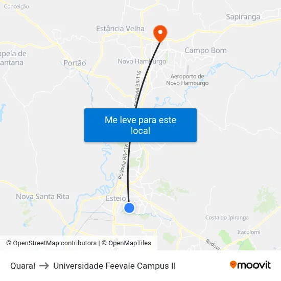 Quaraí to Universidade Feevale Campus II map
