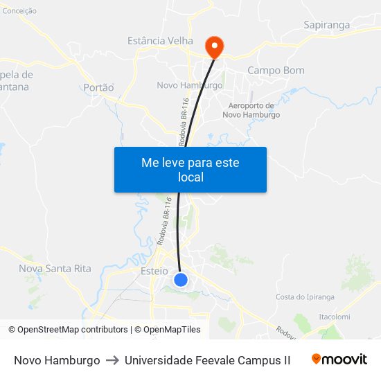 Novo Hamburgo to Universidade Feevale Campus II map