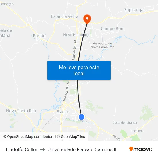 Lindolfo Collor to Universidade Feevale Campus II map