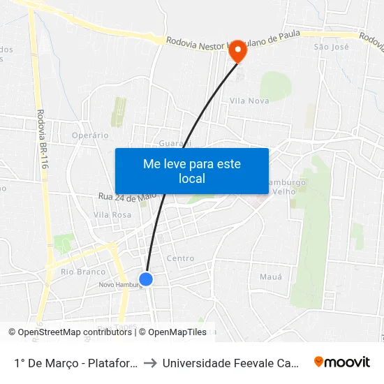 1° De Março - Plataforma 2 to Universidade Feevale Campus II map