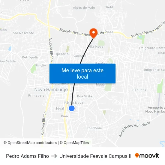 Pedro Adams Filho to Universidade Feevale Campus II map