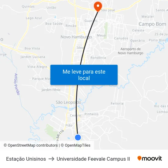 Estação Unisinos to Universidade Feevale Campus II map