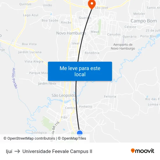 Ijuí to Universidade Feevale Campus II map