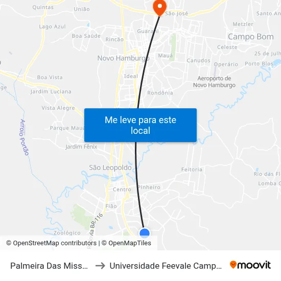 Palmeira Das Missões to Universidade Feevale Campus II map