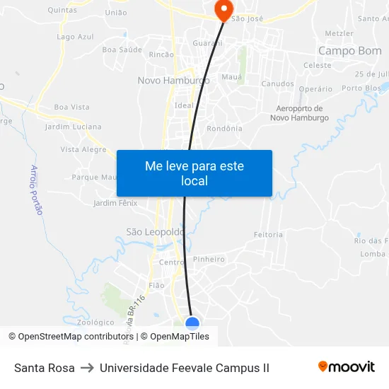 Santa Rosa to Universidade Feevale Campus II map