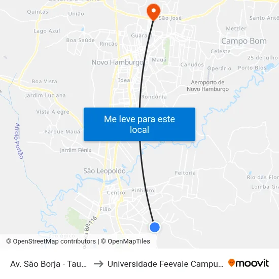 Av. São Borja - Taurus to Universidade Feevale Campus II map