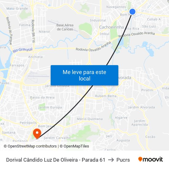 Dorival Cândido Luz De Oliveira - Parada 61 to Pucrs map
