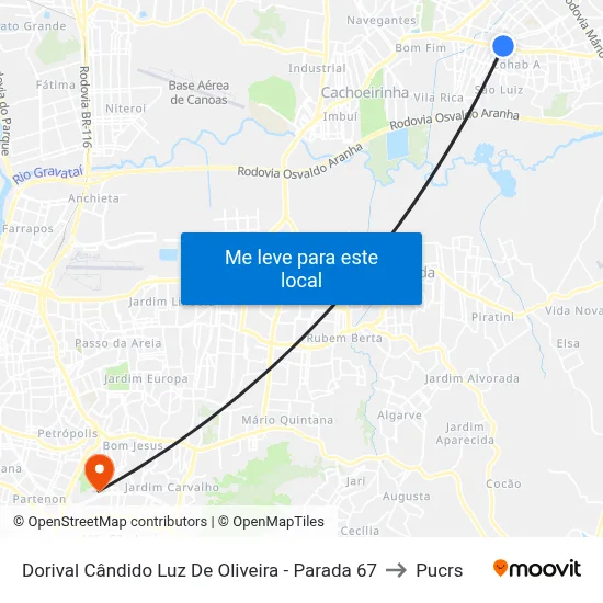 Dorival Cândido Luz De Oliveira - Parada 67 to Pucrs map