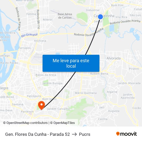 Gen. Flores Da Cunha - Parada 52 to Pucrs map