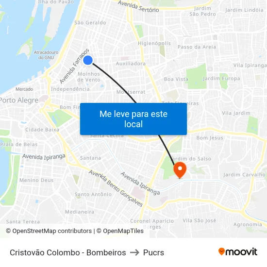 Cristovão Colombo - Bombeiros to Pucrs map