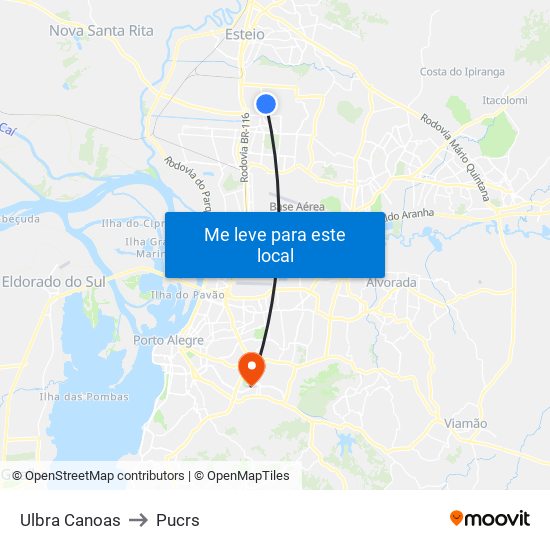 Ulbra Canoas to Pucrs map
