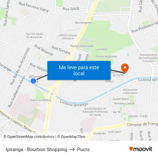 Ipiranga - Bourbon Shopping to Pucrs map