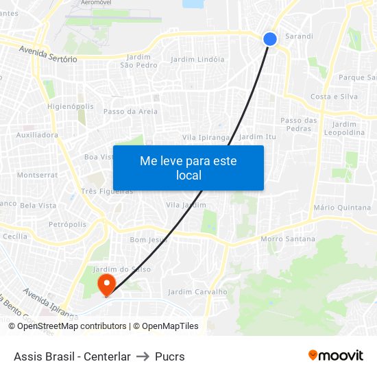 Assis Brasil - Centerlar to Pucrs map