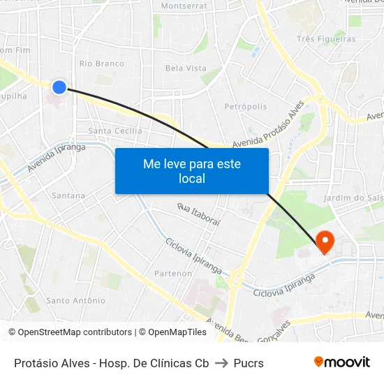 Protásio Alves - Hosp. De Clínicas Cb to Pucrs map