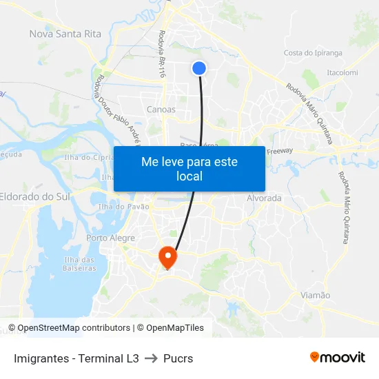 Imigrantes - Terminal L3 to Pucrs map