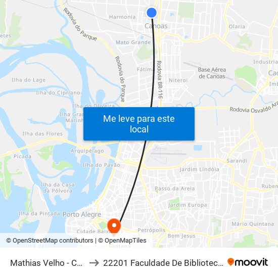 Mathias Velho - Canoas Shopping to 22201 Faculdade De Biblioteconomia E Comunicação map