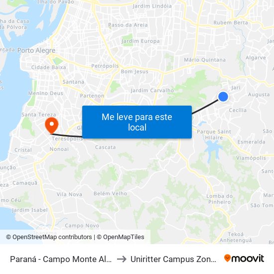 Paraná - Campo Monte Alegre to Uniritter Campus Zona Sul map