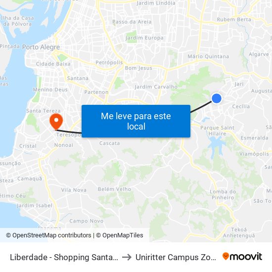 Liberdade - Shopping Santa Isabel to Uniritter Campus Zona Sul map