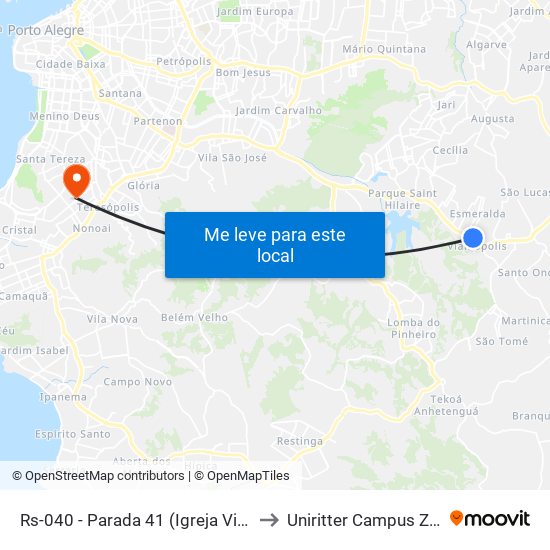 Rs-040 - Parada 41 (Igreja Viamópolis) to Uniritter Campus Zona Sul map