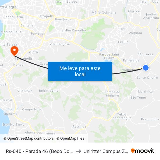 Rs-040 - Parada 46 (Beco Dos Cunhas) to Uniritter Campus Zona Sul map