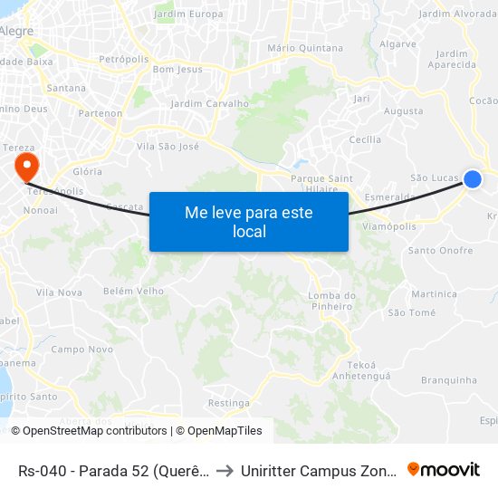 Rs-040 - Parada 52 (Querência) to Uniritter Campus Zona Sul map