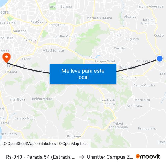 Rs-040 - Parada 54 (Estrada Do Cocão) to Uniritter Campus Zona Sul map