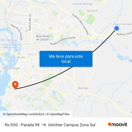 Rs-030 - Parada 98 to Uniritter Campus Zona Sul map