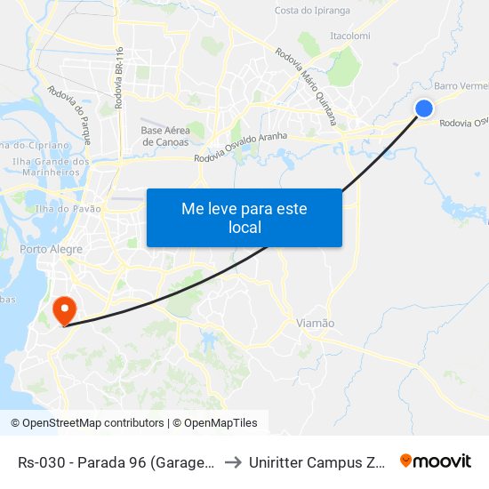 Rs-030 - Parada 96 (Garagem Sogil) to Uniritter Campus Zona Sul map