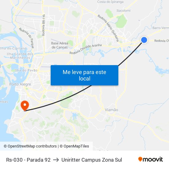 Rs-030 - Parada 92 to Uniritter Campus Zona Sul map