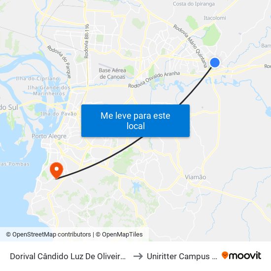 Dorival Cândido Luz De Oliveira - Parada 79a to Uniritter Campus Zona Sul map