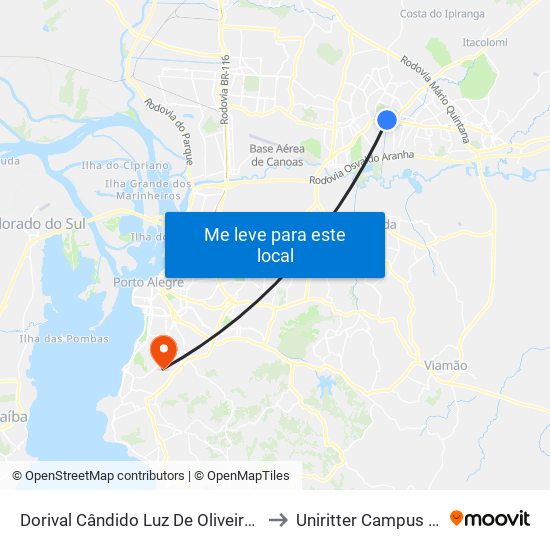 Dorival Cândido Luz De Oliveira - Parada 61 to Uniritter Campus Zona Sul map