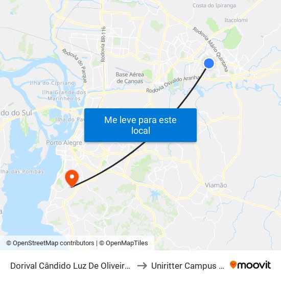 Dorival Cândido Luz De Oliveira - Parada 70 to Uniritter Campus Zona Sul map