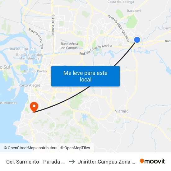 Cel. Sarmento - Parada 01 to Uniritter Campus Zona Sul map