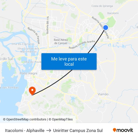 Itacolomi - Alphaville to Uniritter Campus Zona Sul map