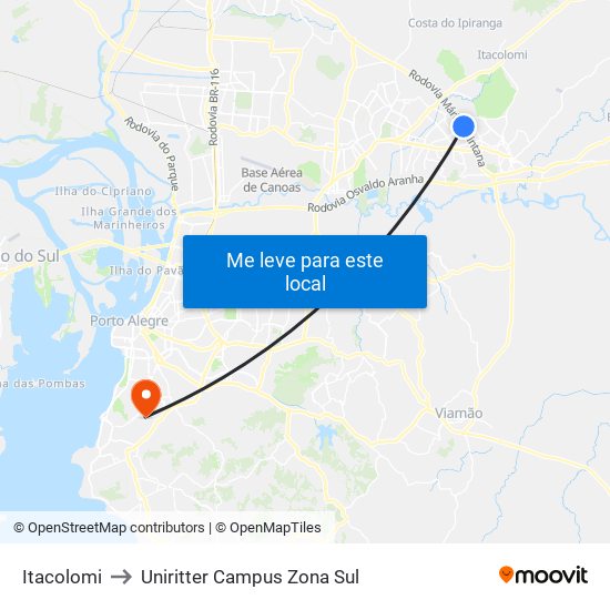 Itacolomi to Uniritter Campus Zona Sul map