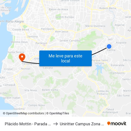 Plácido Mottin - Parada 11 to Uniritter Campus Zona Sul map