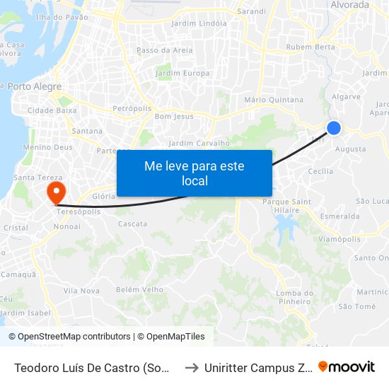 Teodoro Luís De Castro (Somente Tm2) to Uniritter Campus Zona Sul map