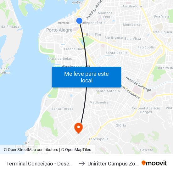 Terminal Conceição - Desembarque to Uniritter Campus Zona Sul map