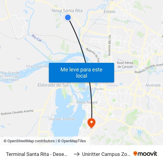 Terminal Santa Rita - Desembarque to Uniritter Campus Zona Sul map