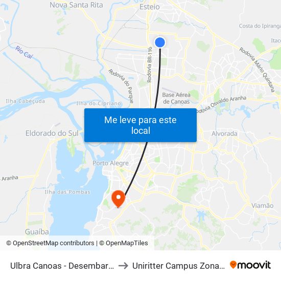 Ulbra Canoas - Desembarque to Uniritter Campus Zona Sul map