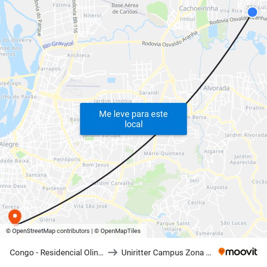 Congo - Residencial Olinda to Uniritter Campus Zona Sul map