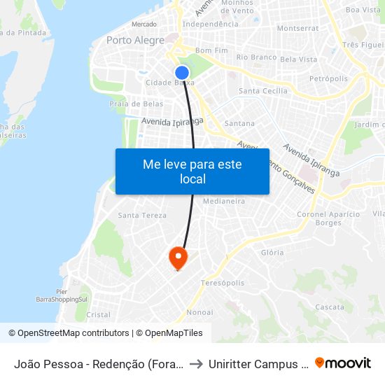 João Pessoa - Redenção (Fora Do Corredor) to Uniritter Campus Zona Sul map