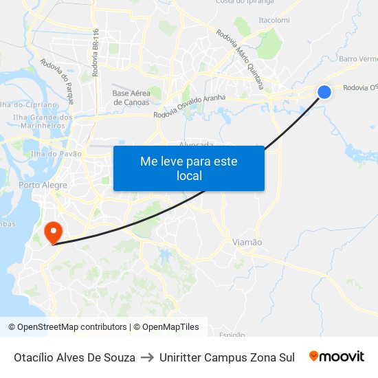 Otacílio Alves De Souza to Uniritter Campus Zona Sul map