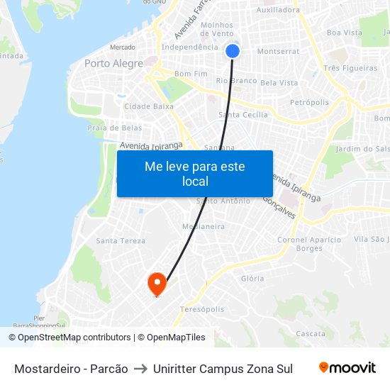 Mostardeiro - Parcão to Uniritter Campus Zona Sul map