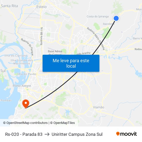 Rs-020 - Parada 83 to Uniritter Campus Zona Sul map