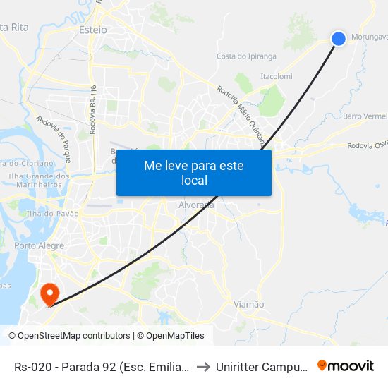 Rs-020 - Parada 92 (Esc. Emília Viega Da Rocha) to Uniritter Campus Zona Sul map