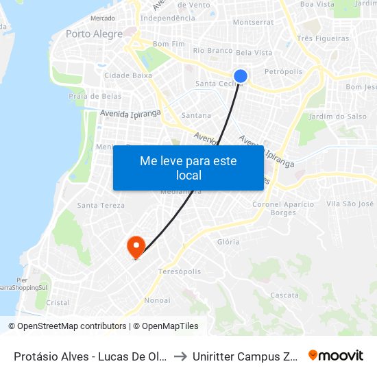 Protásio Alves - Lucas De Oliveira Cb to Uniritter Campus Zona Sul map