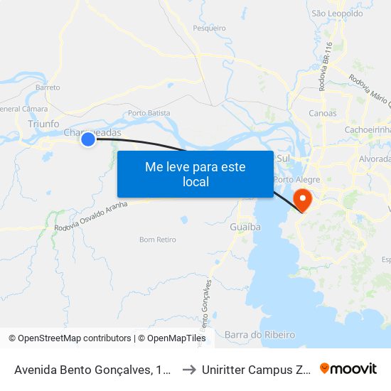 Avenida Bento Gonçalves, 1423-1503 to Uniritter Campus Zona Sul map