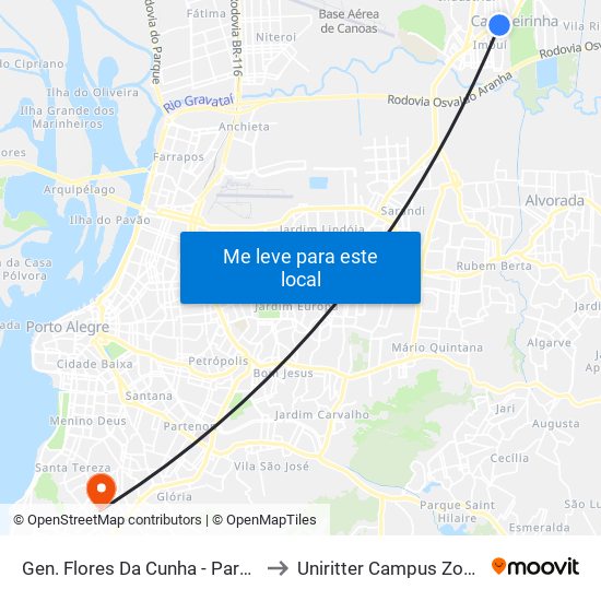 Gen. Flores Da Cunha - Parada 52 to Uniritter Campus Zona Sul map