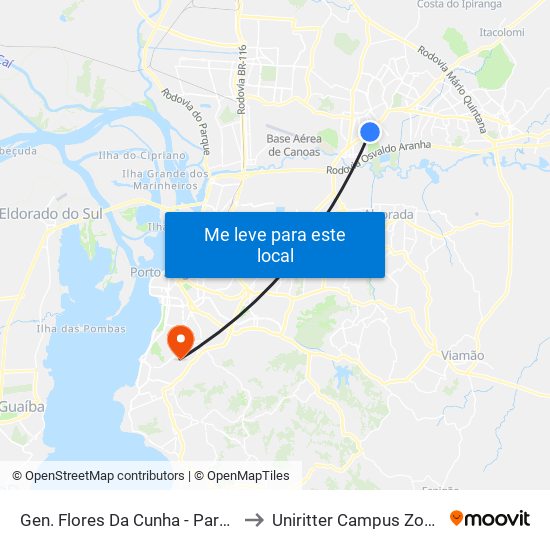 Gen. Flores Da Cunha - Parada 55 to Uniritter Campus Zona Sul map